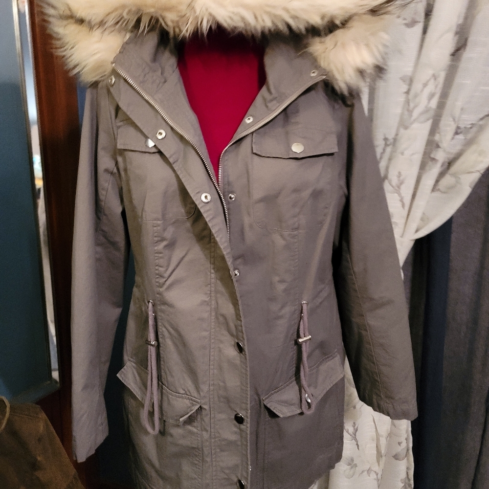 NWOT Ny & Co. Women's .Utility jacket coat with Faux Fur Hood